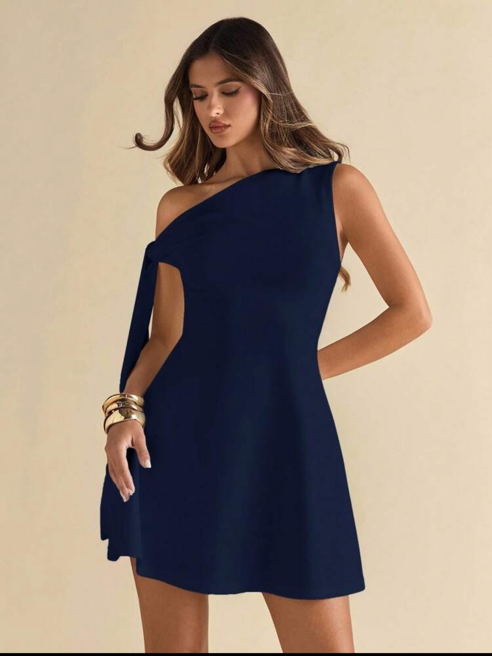 SHEIN One-Shoulder Navy Tie-Detail Mini Dress
